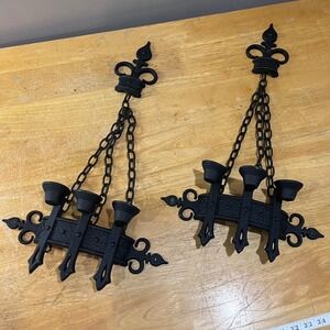 Vtg 1967 Sexton Gothic Medieval Fleur De Lis Cast Metal Wall Sconce Pair Black